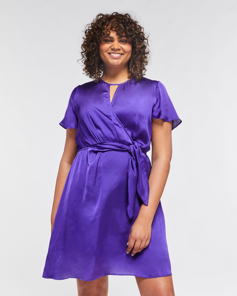 Front of a model wearing a size 3X Matilda Satin Dress in Violet by Estelle. | dia_product_style_image_id:264827